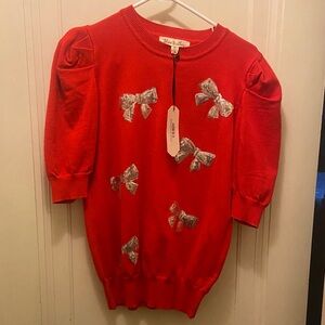 Vine & Love Red Knit Top with Silver Sequin Bows